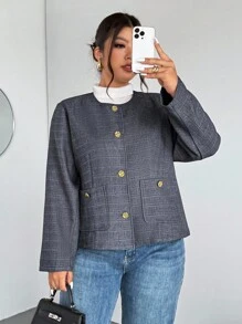 Firerie Plus Size Women's Simple Gray Collarless Commute Daily Minimalist French Elegant Jacket Winter Fall Autumn - Grey - View 4