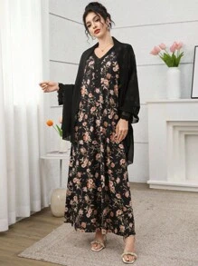 Yasmyna Vestido con estampado floral de encaje y gasa con cuello en V, estilo árabe, con pañuelo para la cabeza, color rosa - Negro - Ver 6