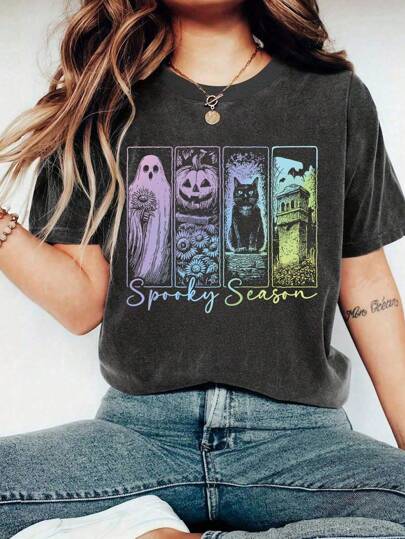 EMERY ROSE Plusstorlek Halloween-t-shirt, Plusstorlek Streetwear-t-shirt med grafisk design, Avslappnad sommartopp, Semesterstämning