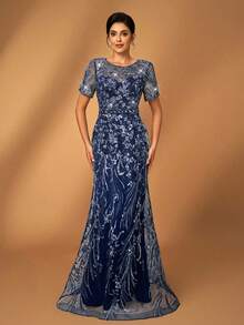 Serin 优雅奢华刺绣蕾丝亮片花卉图案泡泡珍珠透视袖连衣裙，适合婚礼、派对、度假、舞会、晚礼服、新娘母亲 - 藏蓝色 - 查看 5