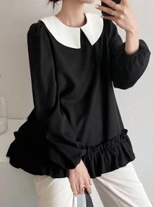 FRIFUL 女式黑色撞色翻领肩部褶皱宽松休闲下摆褶皱宽松休闲百搭衬衫，秋季长袖上衣