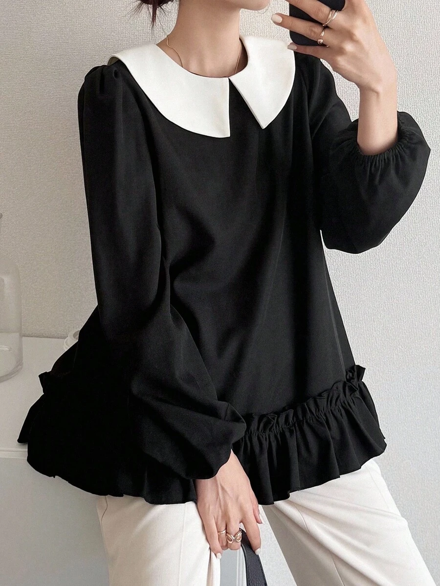 FRIFUL 女式黑色撞色翻领肩部褶皱宽松休闲下摆褶皱宽松休闲百搭衬衫，秋季长袖上衣