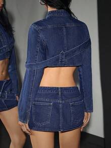 Flirla Women's Adjustable Button Design Cropped Long Sleeve Denim Jacket - Dark Wash - View 3