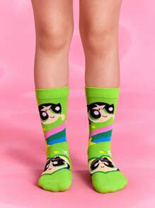 THE POWERPUFF GIRLS X SHEIN 3 Pairs Blossom, Bubbles, Buttercup Pattern Cotton Soft & Breathable Moisture-Wicking Kids Mid-Calf Socks Colorful Cute Crew Socks Reinforced Toe & Heel For Durability Unisex For Boys & Girls All Seasons All-Match School & Outdoor,Y2K - Multicolor - View 6