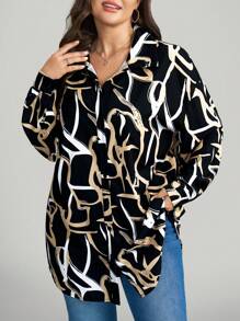 Comfylo 秋季休闲日常穿着，大码女式几何印花长袖衬衫，休闲宽松舒适长款，适合居家和度假，秋季，感恩节假期 - 彩色 - 查看 6