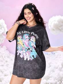 My Little Pony X SHEIN 加大码卡通图案黑色圆领短袖T恤女款图案T恤破洞T恤图案T恤 - 黑色 - 查看 8
