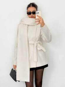 SHEIN Tall Áo khoác len màu trơn tay dài thắt eo thanh lịch cho nữ, áo khoác màu kem, áo khoác có thắt lưng, thời trang thu/đông - trắng - Xem 10