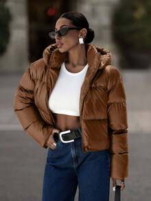 EURMUSE Women's Hooded Long Sleeve Short Padded Coat - Camel - View 4