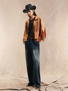 Easelle 游牧夹克常规流苏夹克刺绣绳绣花图案花卉秋冬夹克波西米亚风西部 - 棕色 - 查看 4