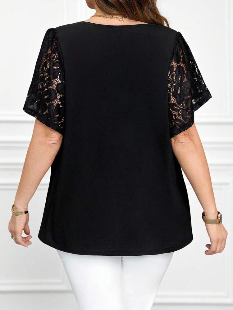 Plus Size Women Front Tie Lace Patchwork Casual Blouse,Suitable For Summer For Women,Summer For Women,Western Wear Women Tunic Top,Spring/Vacation