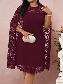 Cravure Women's Plus Size Round Neck Slit Long Sleeve Cape Loose Fit Lace Dress Summer Women Outfit Spring Dress Elegant Lace Dress Wedding Women Dress Romantic Dress Wedding Guest Business Casual Dress - Burgundy - View 4
