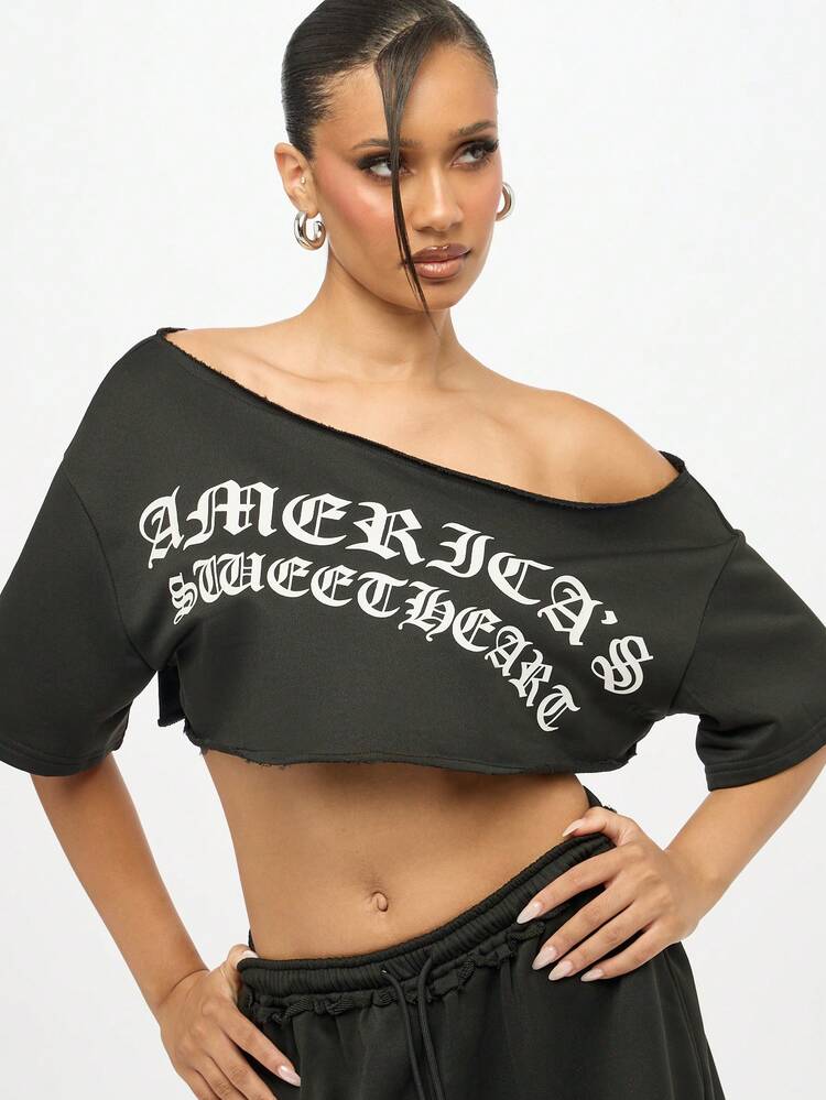 SUMWON WOMEN Raw Edge Off Shoulder Crop Top With Gothic Text