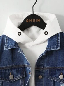 2 件套青少年男童牛仔夹克和牛仔裤套装，休闲日常百搭街头服饰，做旧设计，舒适 - 中等水洗藍 - 查看 5