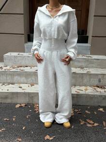 SHEIN EZwear 灰色休闲女式落肩长袖前拉链连帽连体裤 - 灰色 - 查看 4