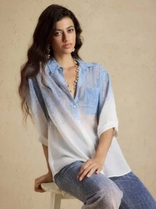 Briarwyn 女士四季服装 Old Money Style 女士休闲通勤渐变色拼色透视口袋衬衫，春夏季，返校季，女士纽扣衬衫，保暖 - 藍色 - 查看 11