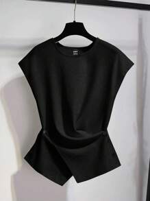 Franclia Women's Solid Color Round Neck Ruched Casual T-Shirt, Summer - Black - View 6