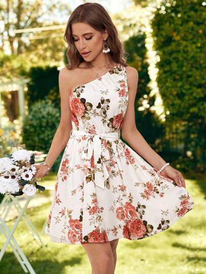 KARISMINA Vestido casual de verano con un hombro y estampado floral