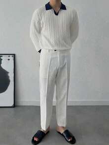 DAZY Pull polo en tricot texturé à couleurs contrastées et patchwork pour hommes en automne