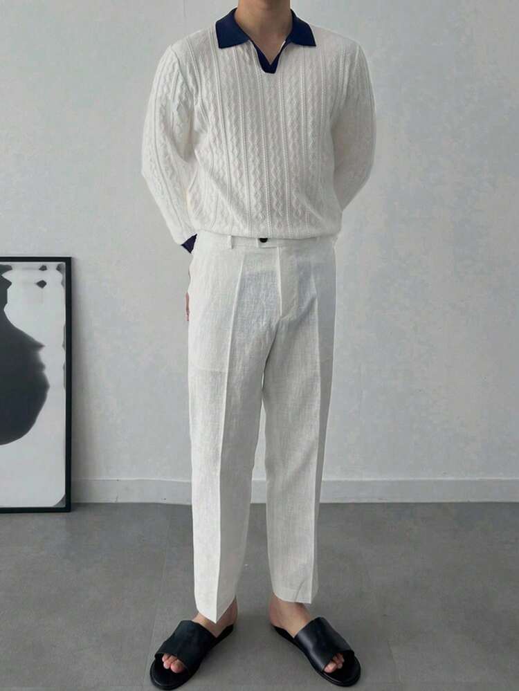 Men's Autumn Patchwork Contrast Color Textured Knit Polo Sweater