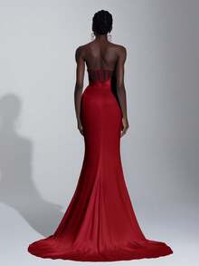 Elitara Solid Color Pleated Elegant Strapless High Slit Satin Wedding Dress - Burgundy - View 2