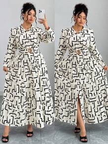 Flirla Damen Große Größen Geometrisches Muster Langarm Rüschen Saum Lässig Hemdkleid - Aprikosenfarben - Übersicht 1