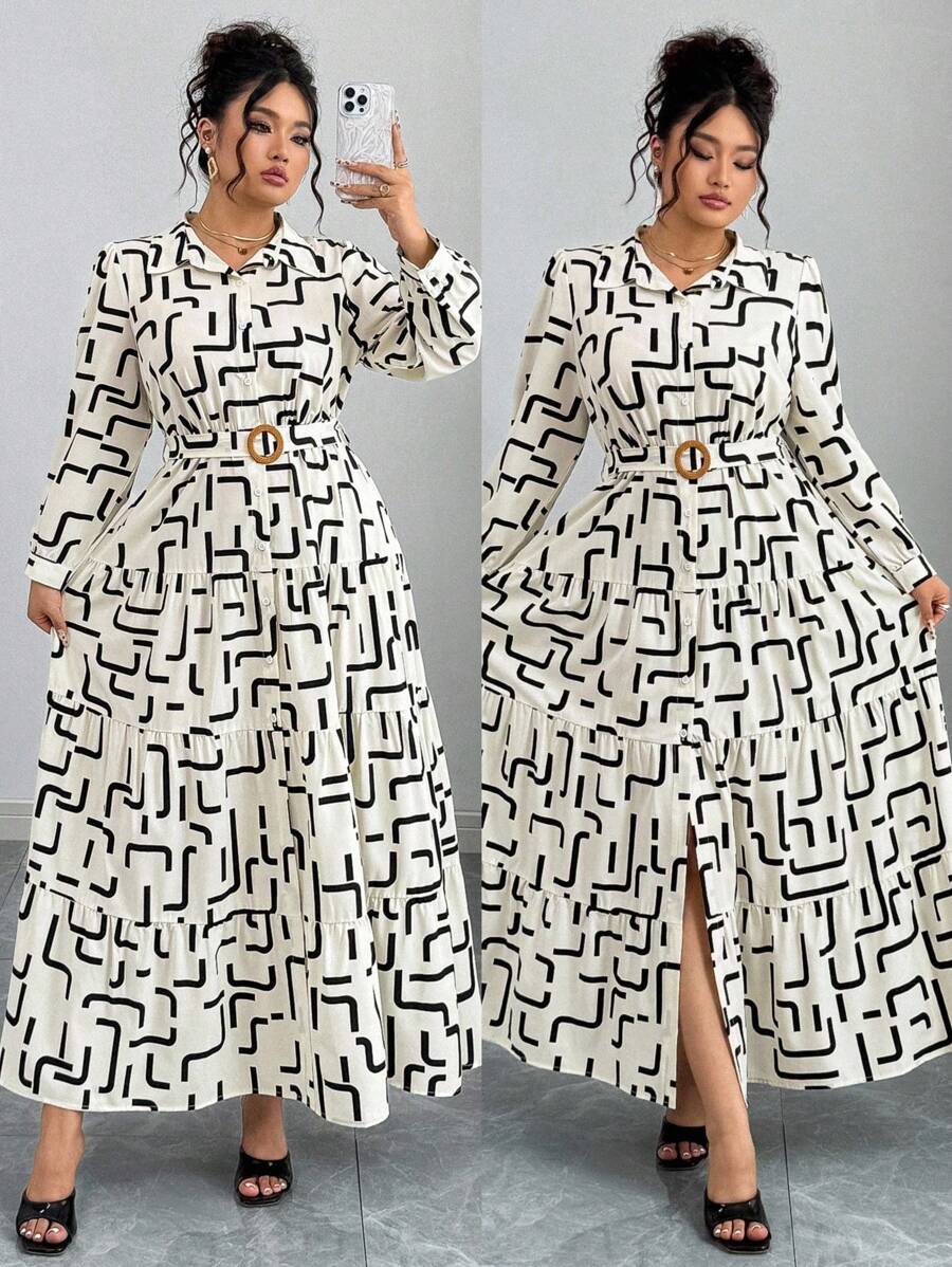 Flirla Damen Große Größen Geometrisches Muster Langarm Rüschen Saum Lässig Hemdkleid - Aprikosenfarben - Übersicht 1