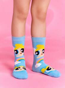 THE POWERPUFF GIRLS X SHEIN 3 Pairs Blossom, Bubbles, Buttercup Pattern Cotton Soft & Breathable Moisture-Wicking Kids Mid-Calf Socks Colorful Cute Crew Socks Reinforced Toe & Heel For Durability Unisex For Boys & Girls All Seasons All-Match School & Outdoor,Y2K - Multicolor - View 7