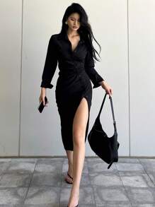 DAZY 女式高开叉中长款衬衫裙，秋季女装长袖连衣裙 - 黑色 - 查看 2