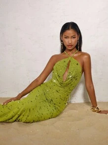 SHEIN BAE 夏季女式露背交叉深摆领修身露背鱼尾长裙、晚礼服、夜总会礼服、派对礼服、夏季连衣裙、女士度假装、女士沙滩装、乡村音乐会装 - 綠色 - 查看 6