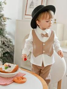 Souflis Souflis 秋冬宝宝男童绅士装套装，白衬衫卡其色背心二合一+裤子，法式复古风，适合婚礼、演出、正式场合，温暖又时尚百搭 - 卡其色 - 查看 4