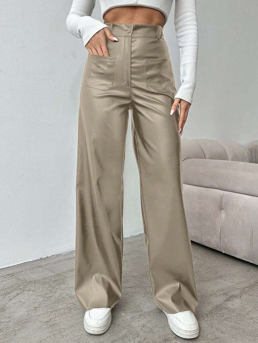 EURMUSE Women's Solid Color High Waist Straight Leg Pants, Suitable For Commuting - Cream - View 1