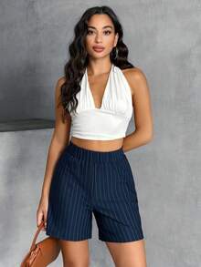 SHEIN Women Striped Detailed Elastic Waist Casual Shorts - Navy Blue - View 7