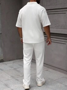 Manfinity CasualCool 男士格子纯色提花短袖衬衫+抽绳松紧腰裤，夏季男士必备单品 - 白色 - 查看 2