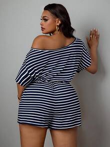 SHEIN PETITE CURVE 大尺碼女款連身褲，休閒條紋連身褲，秋季女裝連身裙套裝，女款連身褲，秋季女裝 - 藏蓝色 - 查看 2