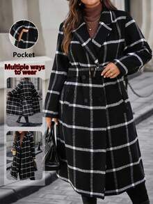 EMERY ROSE Abrigo de cuadros con bolsillos para mujer de talla grande, de moda para otoño e invierno, casual de negocios para mujer, ropa de invierno para mujer, ropa de invierno, elegante para otoño, invierno y otoño