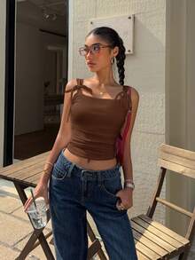 Siren Gaze Regata Casual de Verão com Babado e Laço nas Costas, Cor Sólida - Café - Visão 3