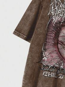 ROMWE MEN Street Life Áo thun nam tay ngắn in hình mắt, viền rách, thường ngày, mùa hè - Cà phê nâu - Xem 6