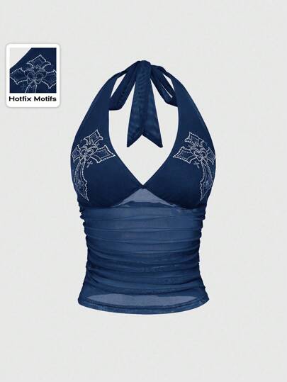 Goth Cross Rhinestone Mesh Side Ruched Halter Neck Tank Top, Halloween