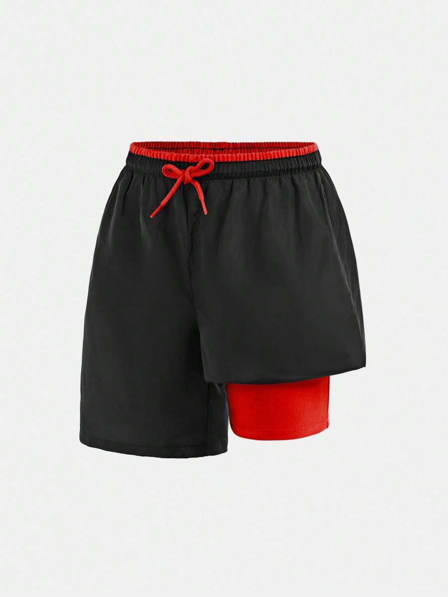 SHEIN Tween Boy Casual 2 In 1 Swim Trunks Beach Shorts, Suitable For Beach Party, Music Festival, Surfing, Swimming In Spring/Summer, Boys Swim Trunks, Boys Black Swim Trunks, - Red - View 1