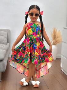 Young Girl Elegant Minimalist Halter Floral Print Sleeveless Dress - Pink - View 2