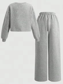 SHEIN 少女宽松休闲简约舒适圆领长袖短款连帽衫和裤子套装 - 灰色 - 查看 3