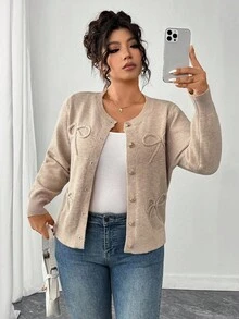 Elenzga Áo len cardigan thanh lịch thường ngày cỡ lớn có nơ cho nữ - Màu Khaki - Xem 7