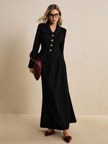 Poéselle 女士优雅通勤纯色夹克和裙子套装 - 黑色 - 查看 6