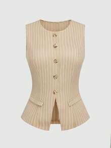 Sweetra 1 Set Black Single-Breasted Sleeveless Top And Pleated Wide-Leg Pants - Khaki - View 3