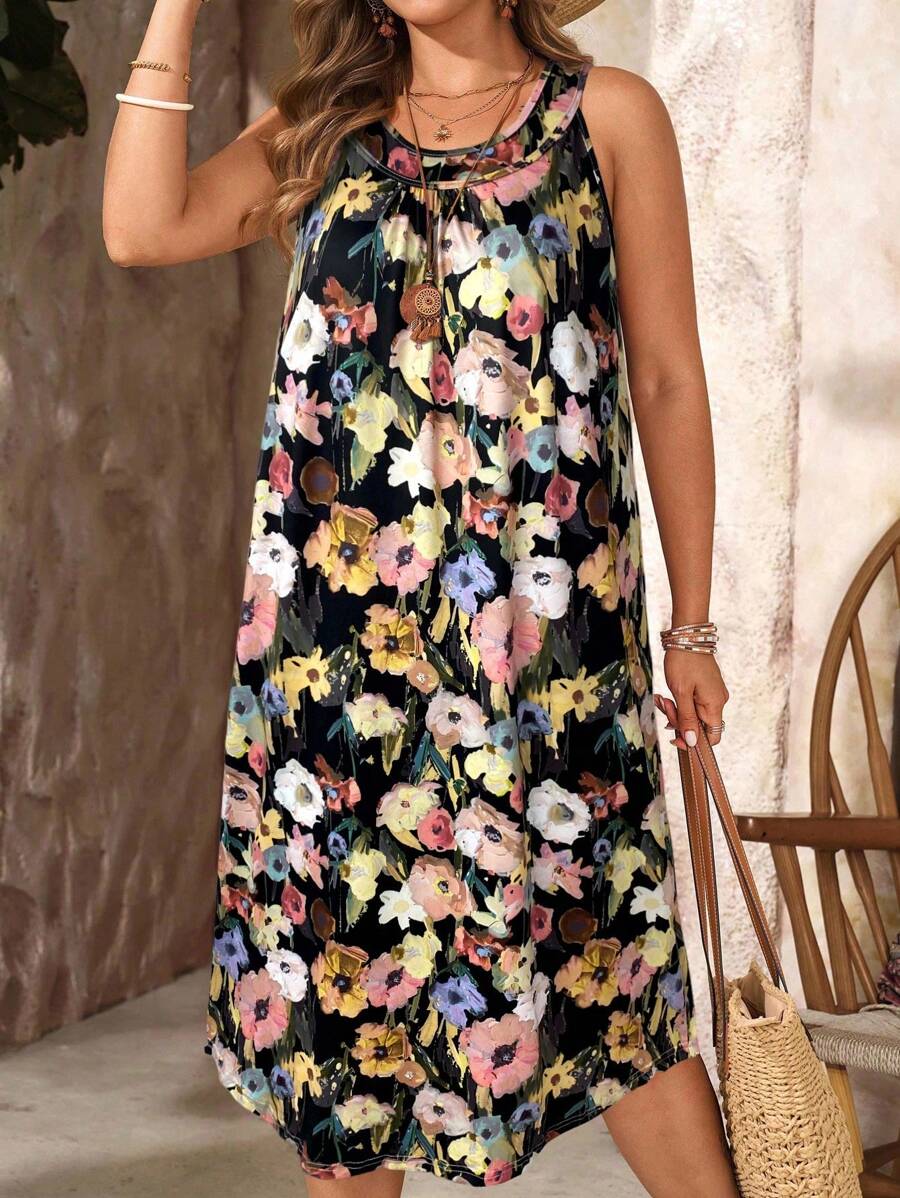 EMERY ROSE 大码花卉印花无袖休闲度假连衣裙