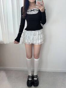 FRIFUL Women's Square Neck Polka Dot Patchwork Drawstring Bow Decor Ruffle Hem Long Sleeve Slim Fit Versatile T-Shirt, Autumn Cute Tops