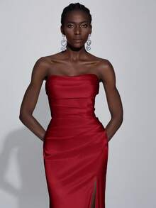 Elitara Solid Color Pleated Elegant Strapless High Slit Satin Wedding Dress - Burgundy - View 3