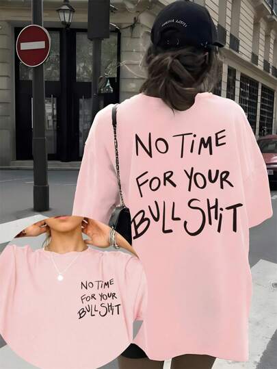 Flirla No Time For Your ' 字母印花宽松圆领短袖加大码女式T恤