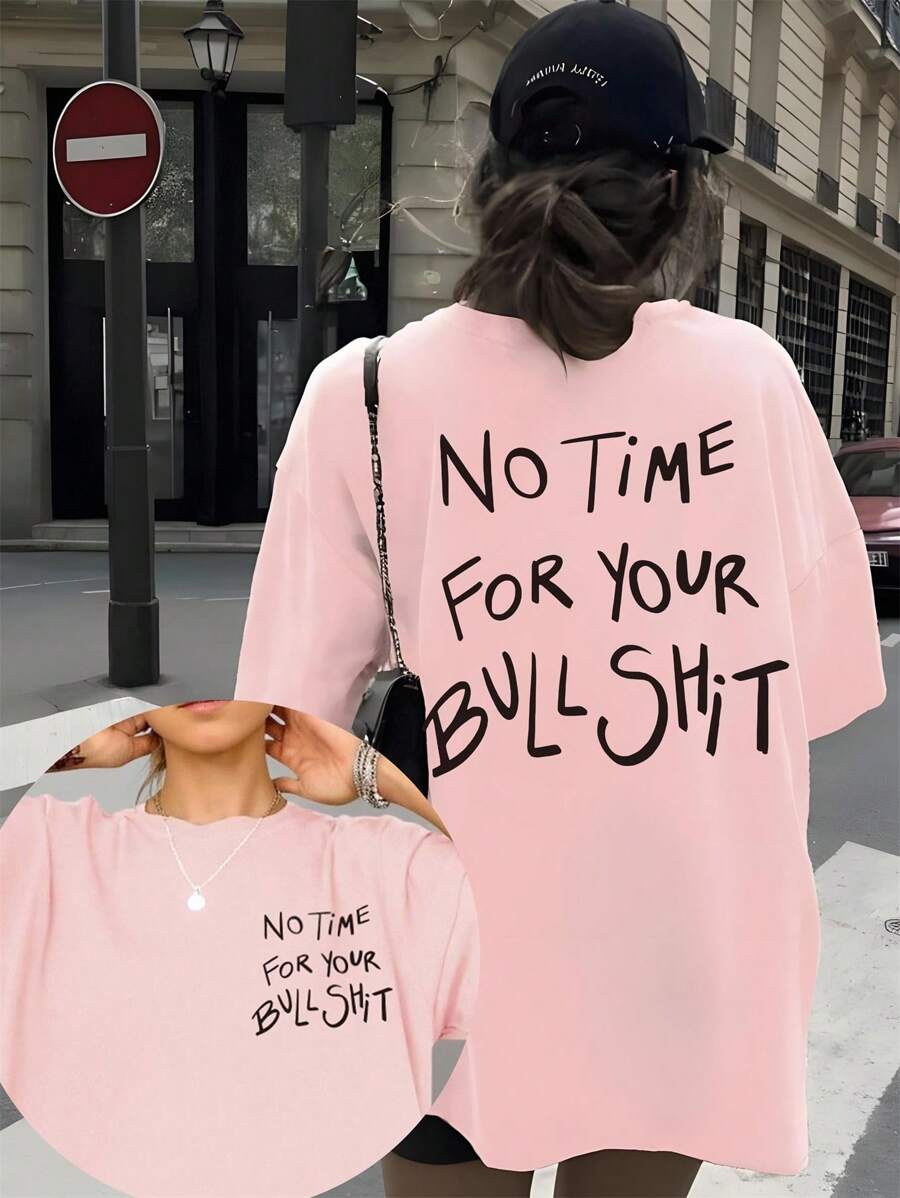 Flirla No Time For Your ' 字母印花宽松圆领短袖加大码女式T恤 - 粉色 - 查看 1
