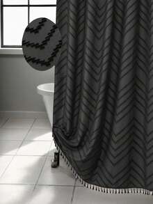 SHEIN 1 件波西米亚纯色编织面料浴帘，包含 12 个挂钩，可机洗针织窗帘，流苏 72 英寸 X 72 英寸现代农舍极简主义，毛绒复古纹理，浴室防水浴帘，酒店装饰家居浴室装饰夏季浴室配件 - 彩色 - 查看 3